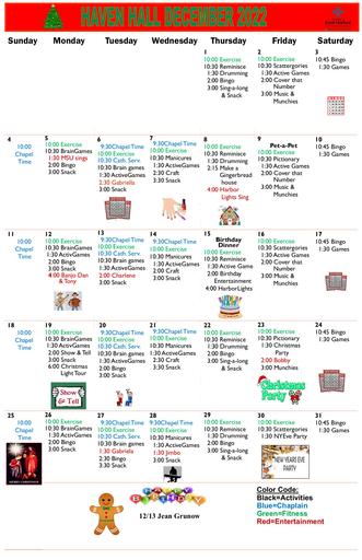 12/2022 East Harbor Calendar Memory Care