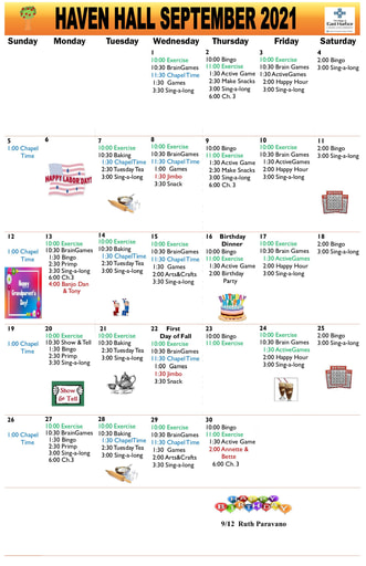 9/2021 East Harbor Calendar Memory Care