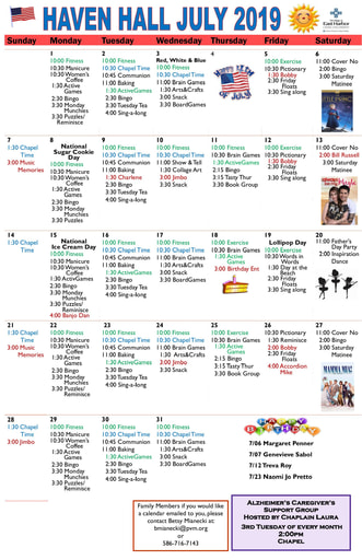 7/2019 East Harbor Calendar Memory Care