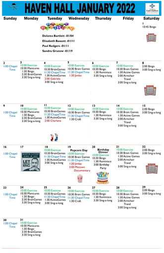 1/2022 East Harbor Calendar Memory Care